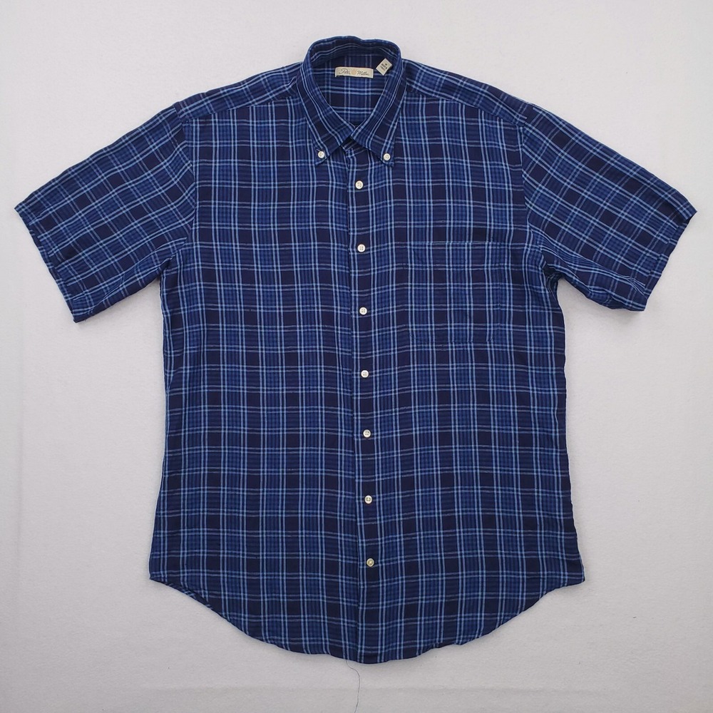 Peter Millar Shirt Mens Medium Blue Linen Tartan Plaid Button Down Lightweight